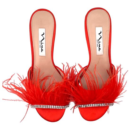 Nina Red Satin Feather Kitten Heel Mule Slide Sandals Size 6M NWOB - Picture 5 of 7
